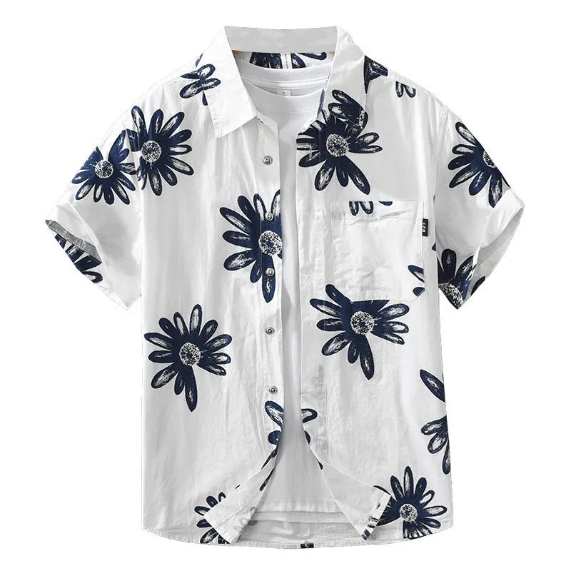 White and apricot Japanese printed short sleeve shirt in a loose cardigan style.