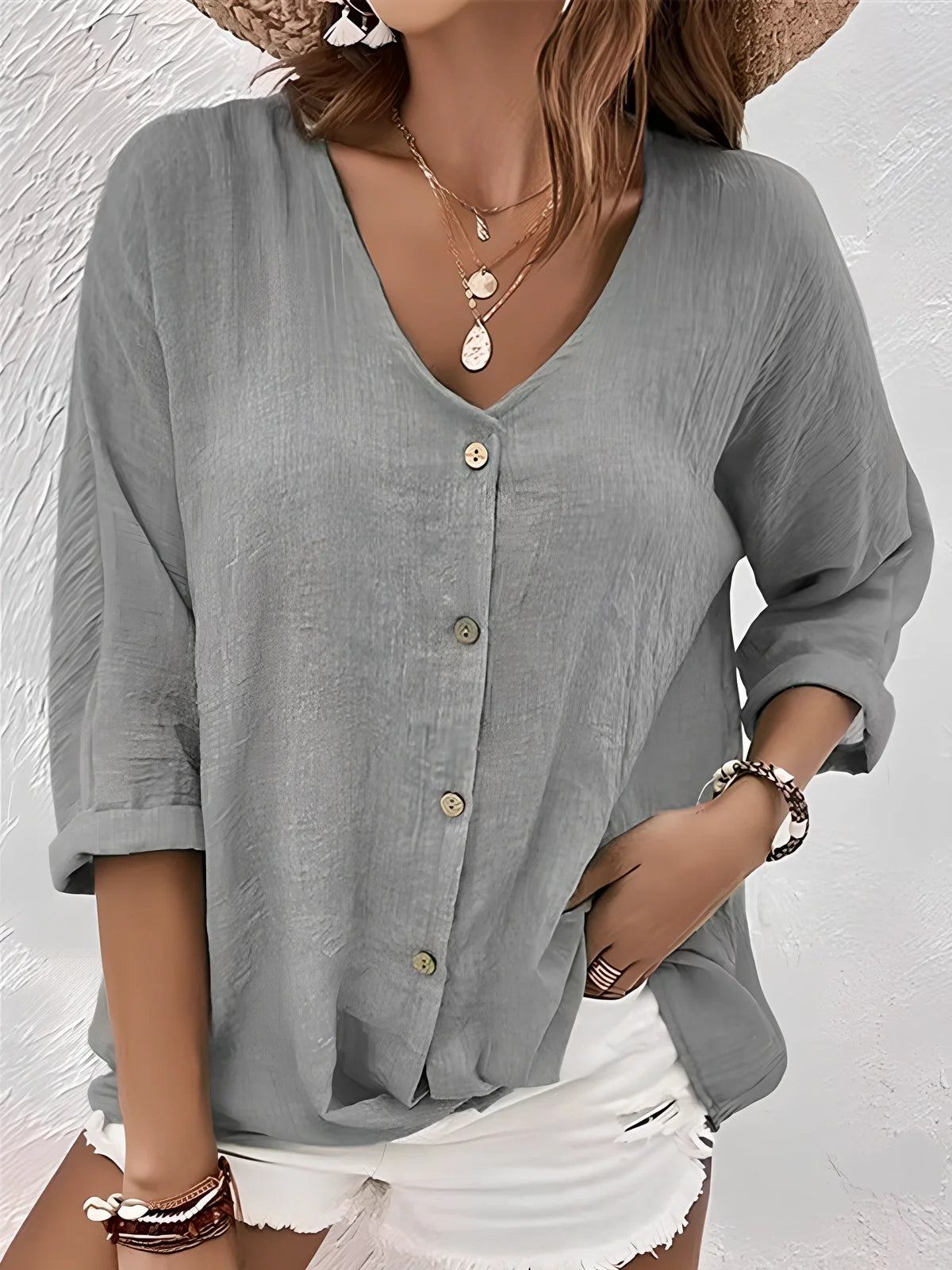 Women's loose V-neck long-sleeved T-shirt in navy blue, button front, polyester fabric, size M with 115cm bust fit