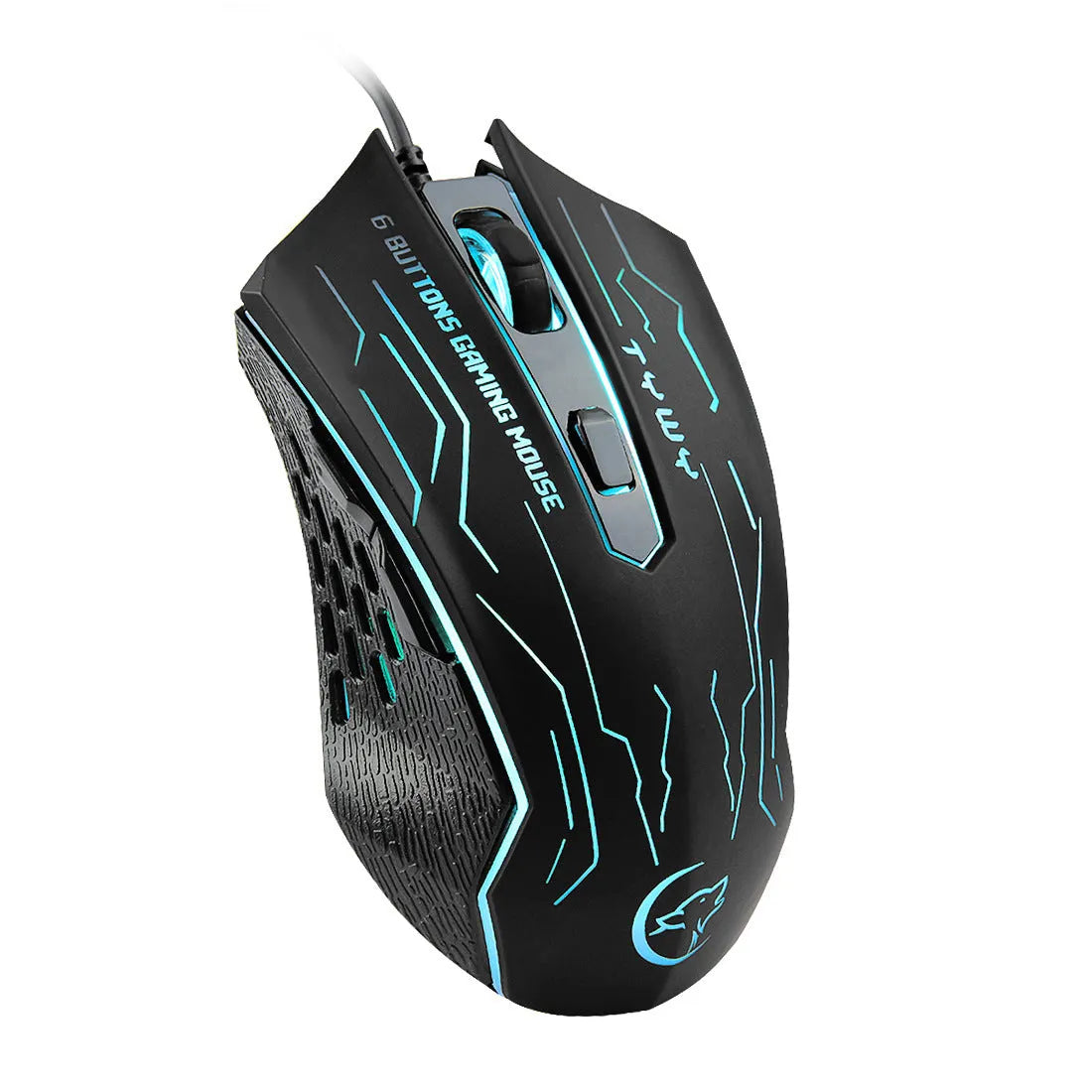 Black wired gaming mouse with colourful breathing light, 6 buttons, USB cable, and adjustable DPI