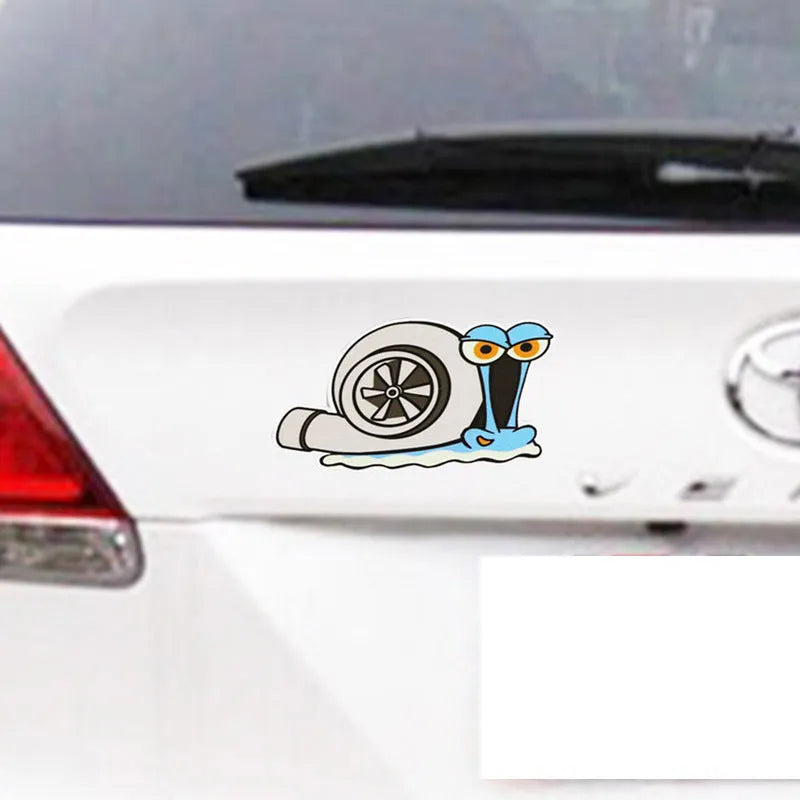 White cartoon snail design reflective vinyl car sticker on a clear background.