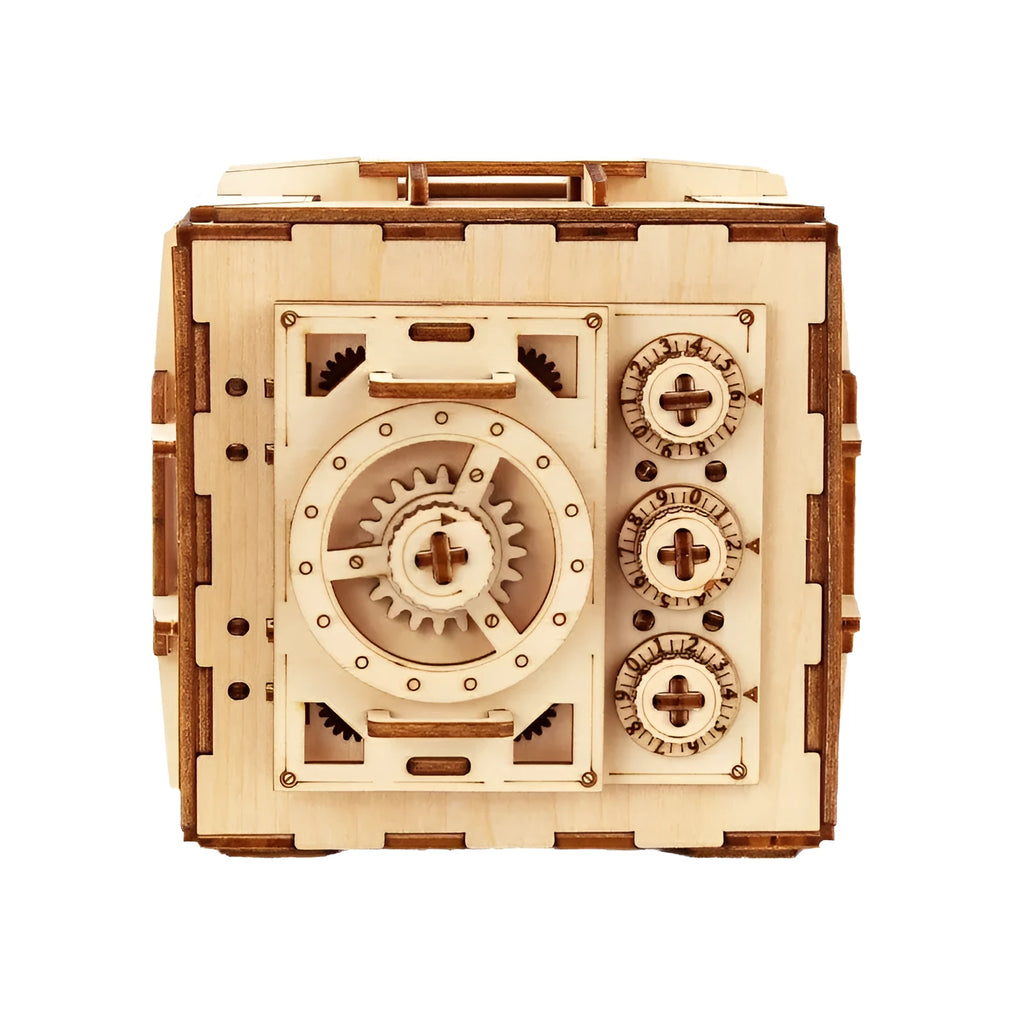 3D wooden puzzle model of a password suitcase assembled on a table, with colour box packaging
