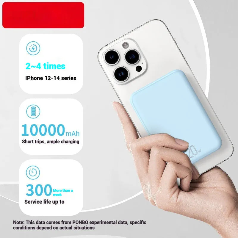 Portable magnetic wireless power bank with 10000mAh capacity in blue colour