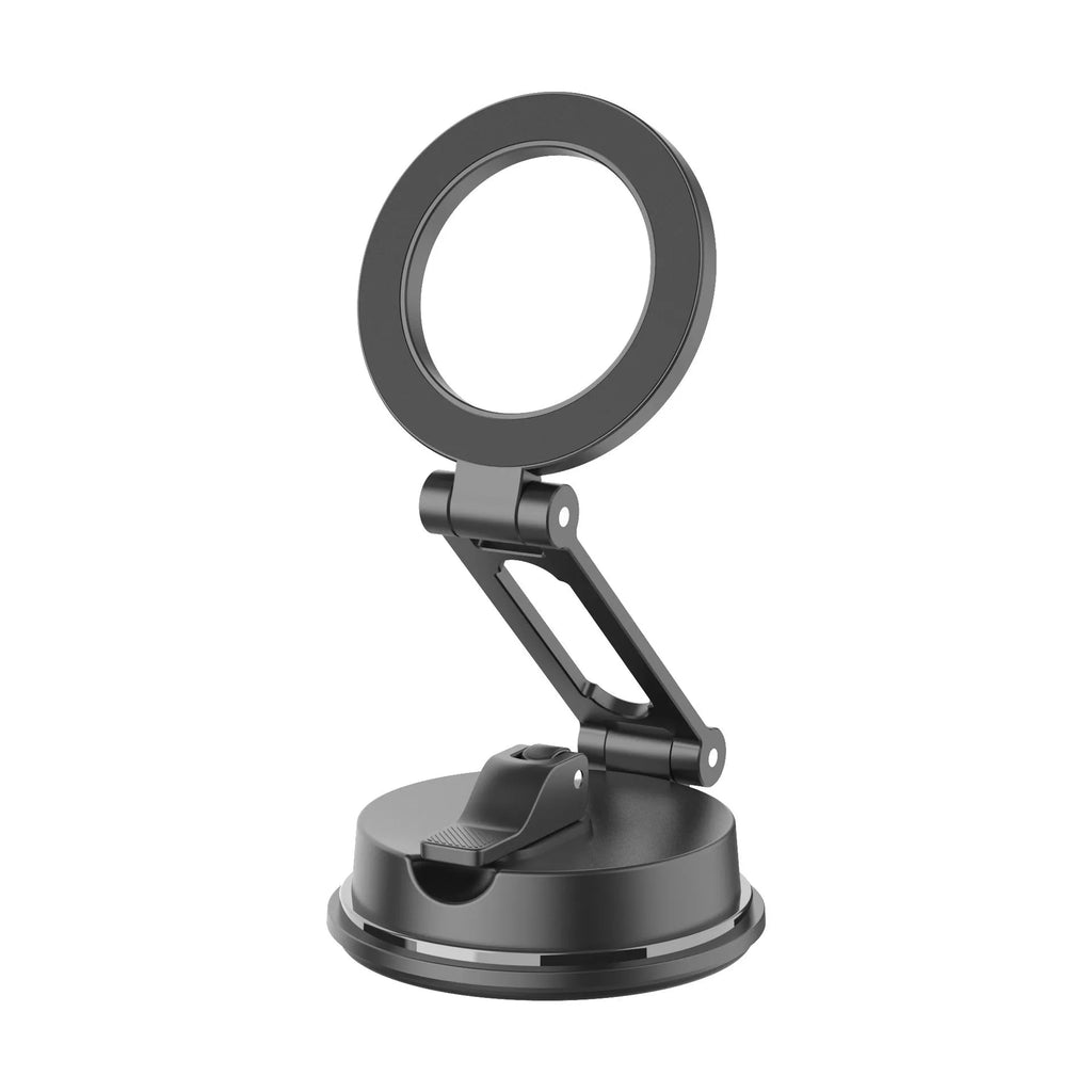 Black car magnetic phone holder with suction cup mount for vehicle windscreen or dashboard attachment