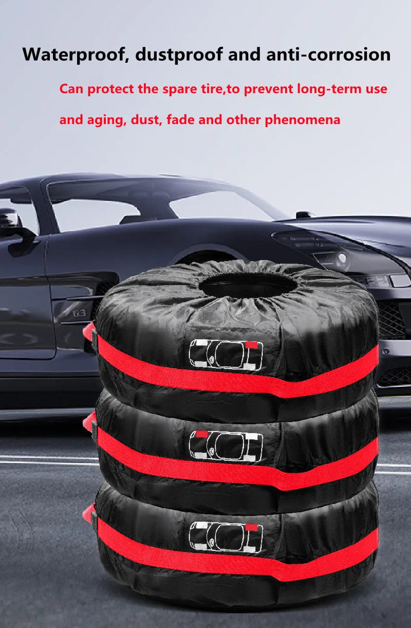 Four black Oxford cloth tyre protective covers laid flat, showing their circular shape and belt-style detailing.