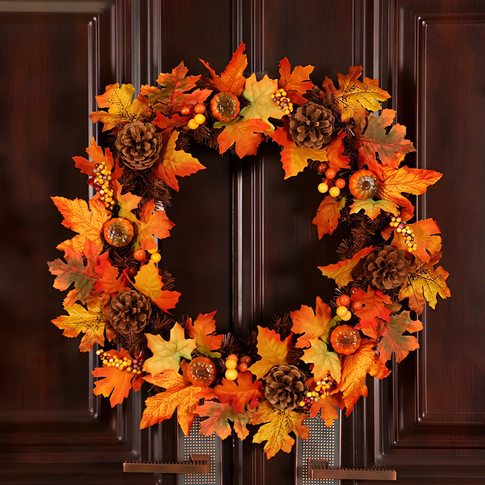 Autumn pumpkin wreath with 50cm diameter featuring fabric leaves and simulation pumpkins