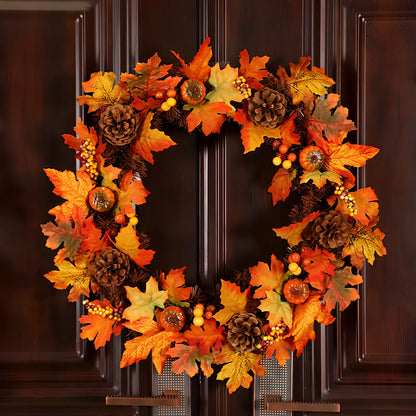Autumn pumpkin wreath with 50cm diameter featuring fabric leaves and simulation pumpkins