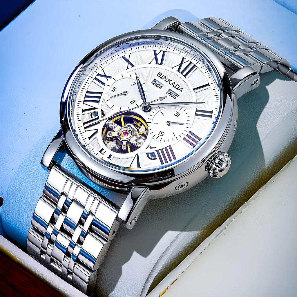 Men's mechanical automatic waterproof watch with stainless steel case and steel strap