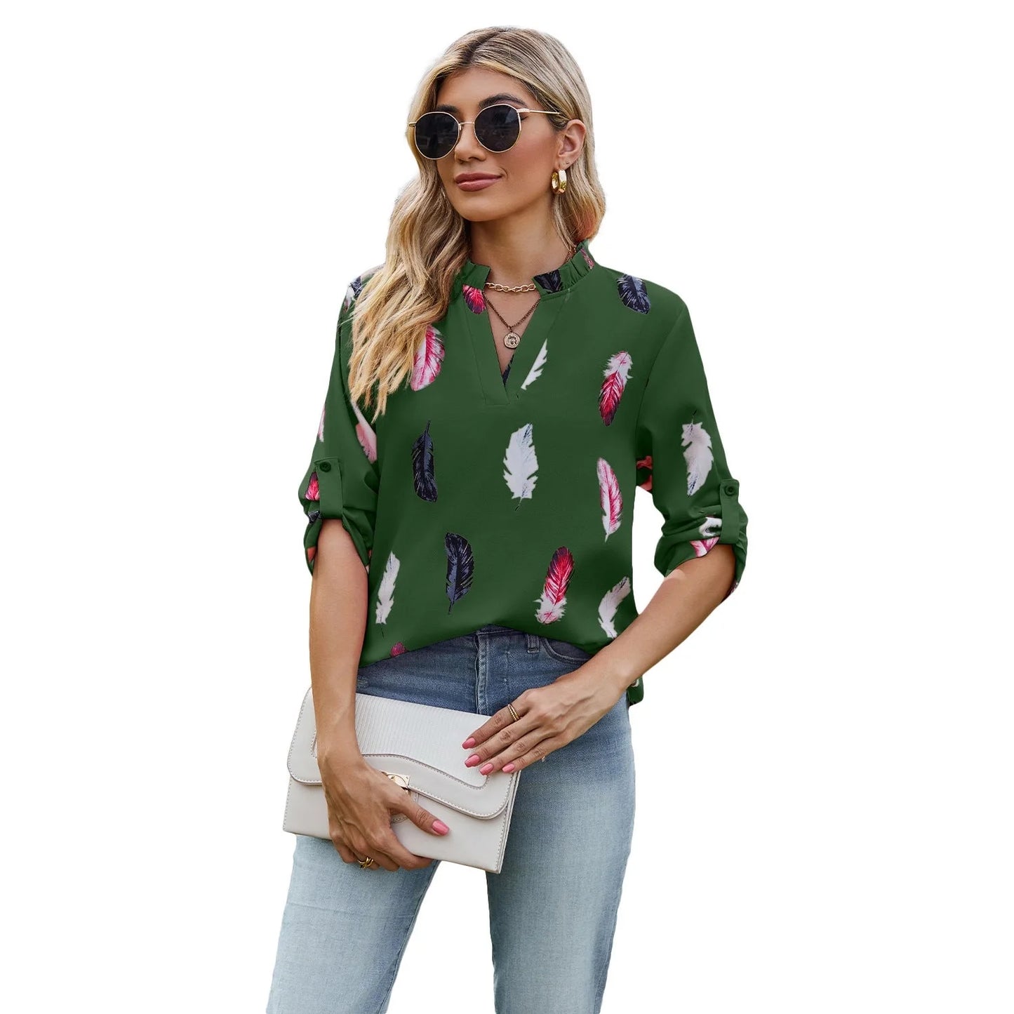V-neck feather printed loose shirt in various colours, showcasing unique design and comfortable fit