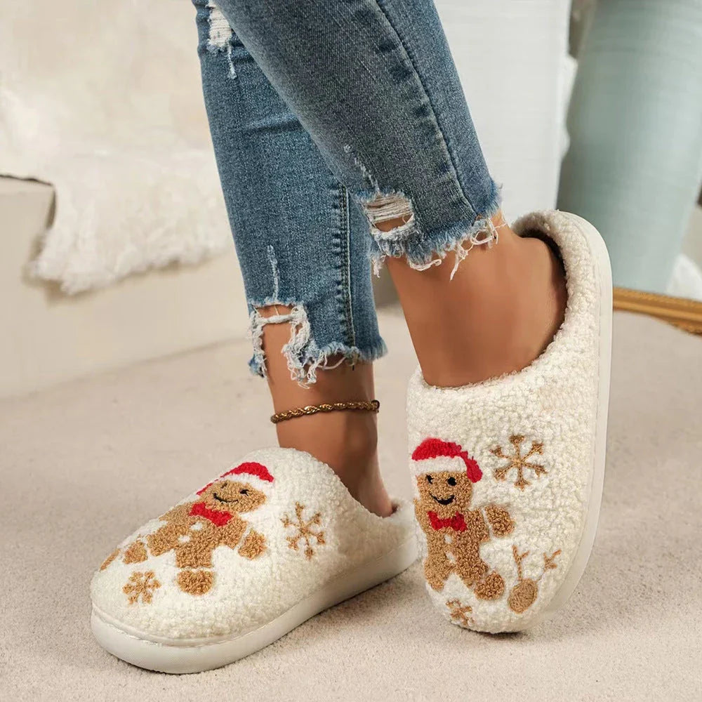Cozy gingerbread snowflake pattern slippers with plush upper and non-slip sole for comfortable indoor wear
