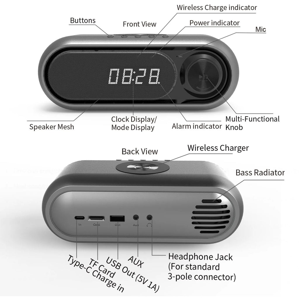 Wireless charging bedside alarm clock with LED display in space grey colour showing time and charging smartphone