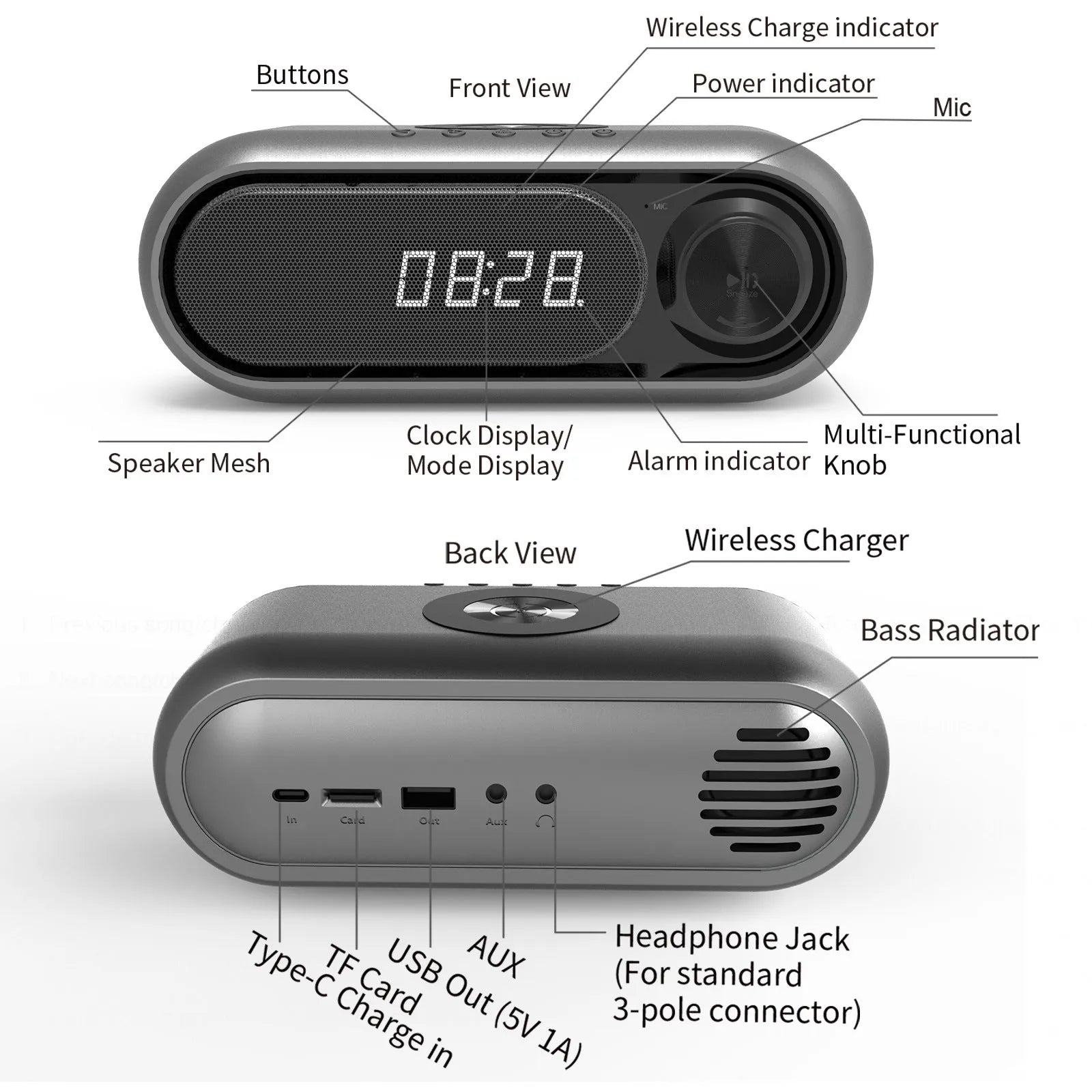 Wireless charging bedside alarm clock with LED display in space grey colour showing time and charging smartphone
