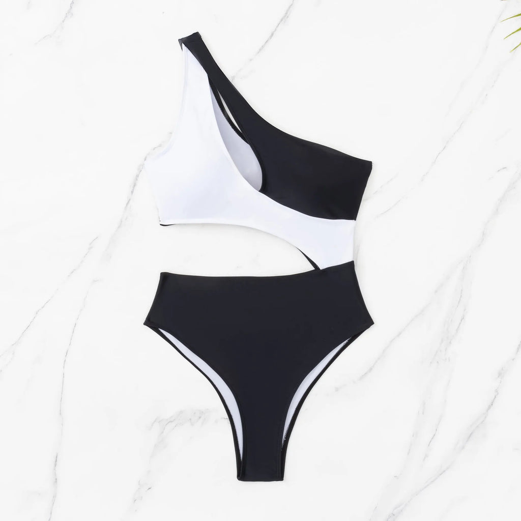 Black women's one-piece swimsuit with white contrast stitching and hollow back design