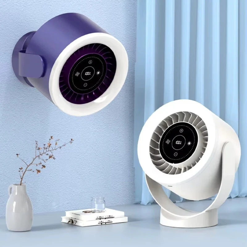 Adjustable USB desktop fan light with LED display in apricot, dark blue, and dark grey