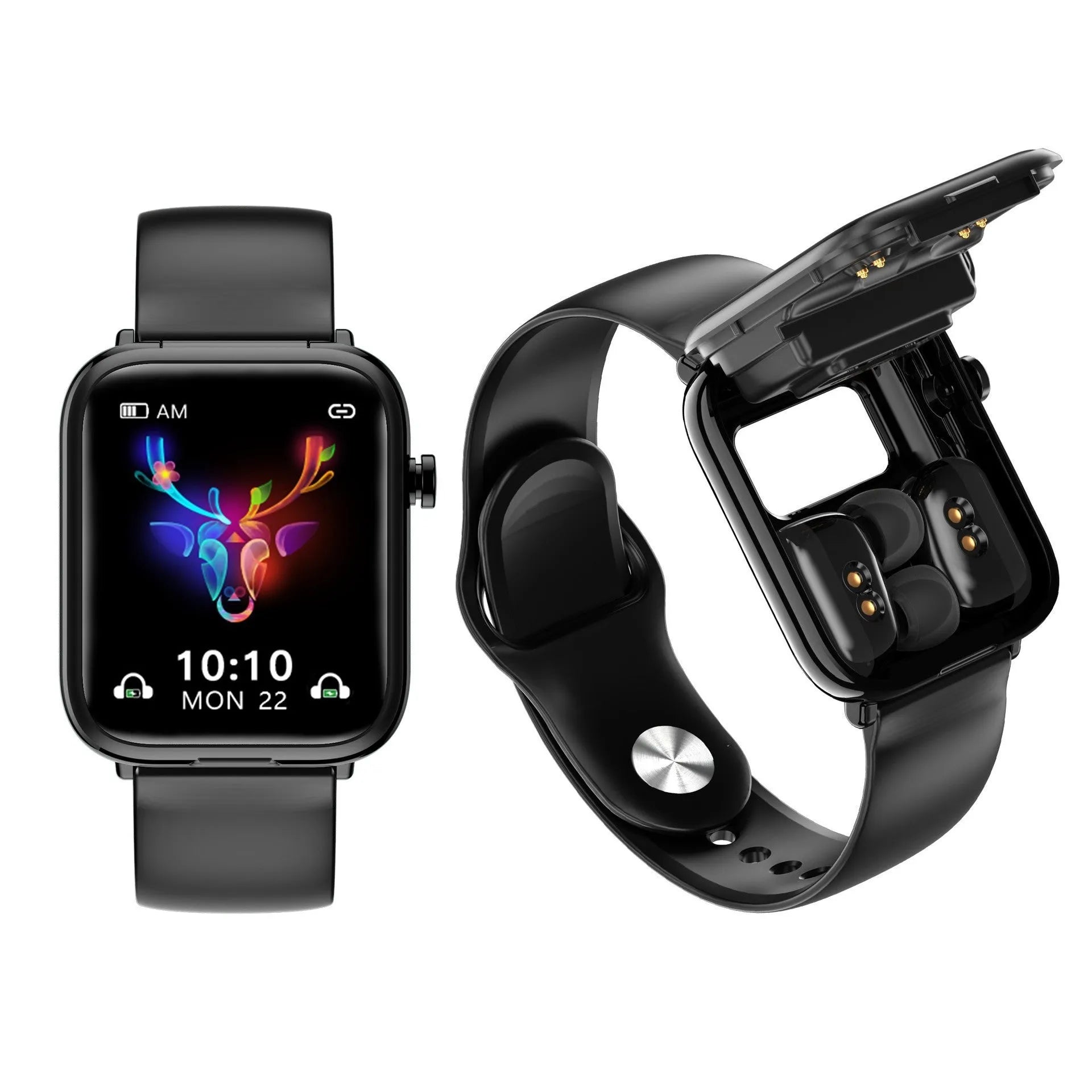 Black zinc alloy smartwatch with 1.69-inch touch screen and integrated wireless Bluetooth earpieces in charging case.