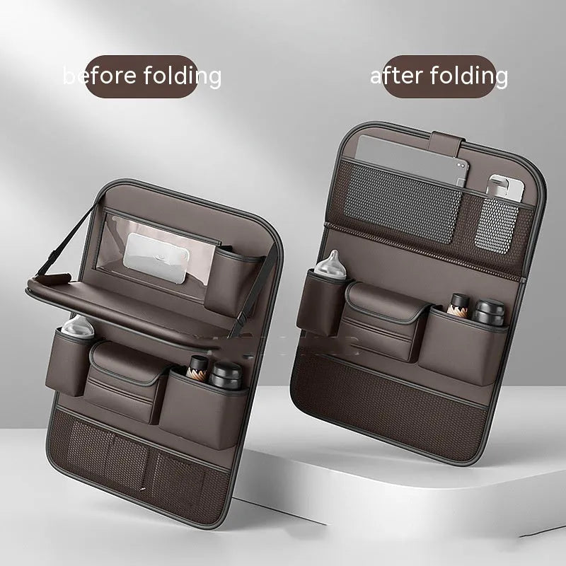 Waterproof leather car seat lazyback storage bag with foldable dining table, shown in black.