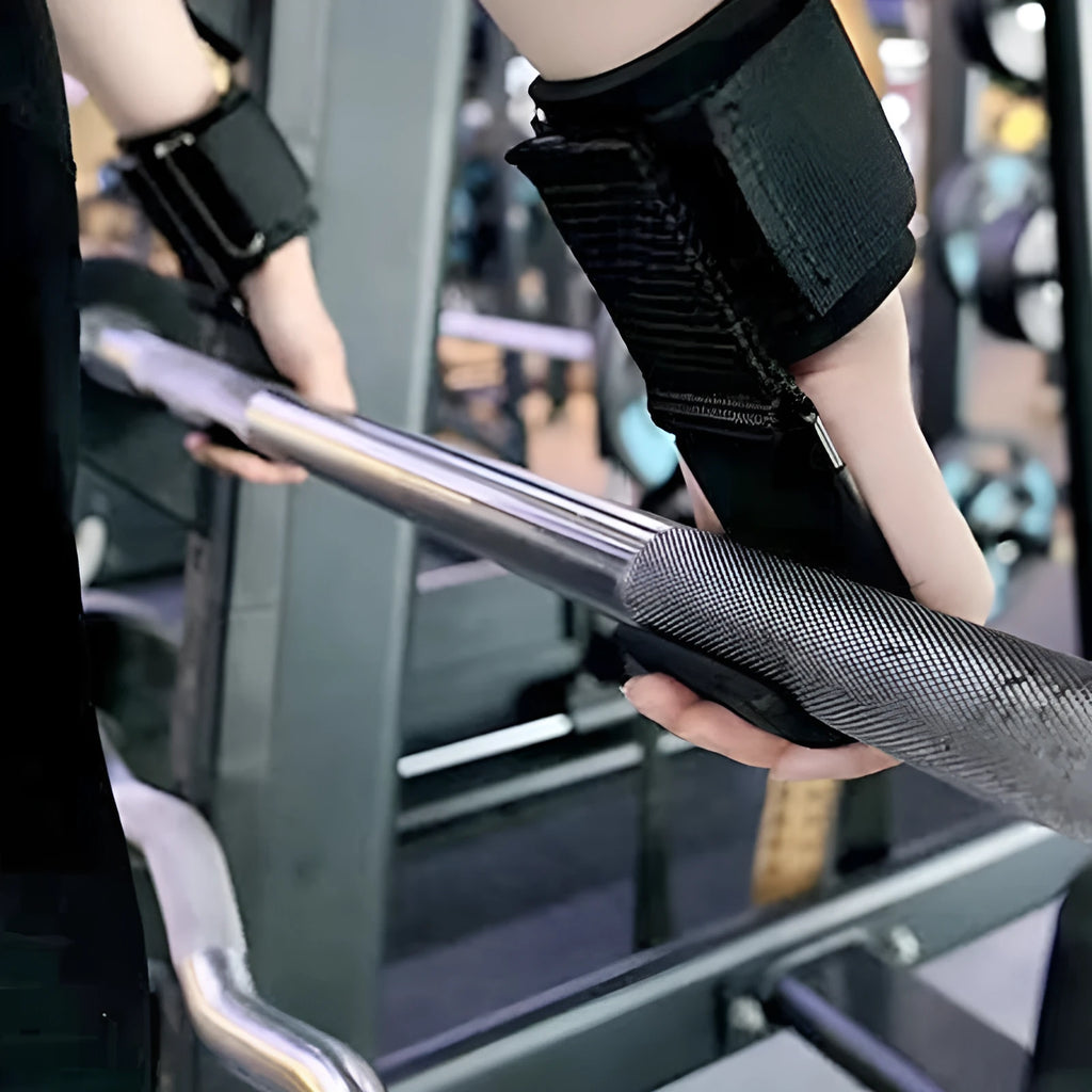 Black fitness wrist brace for pull-up training and horizontal bar exercises