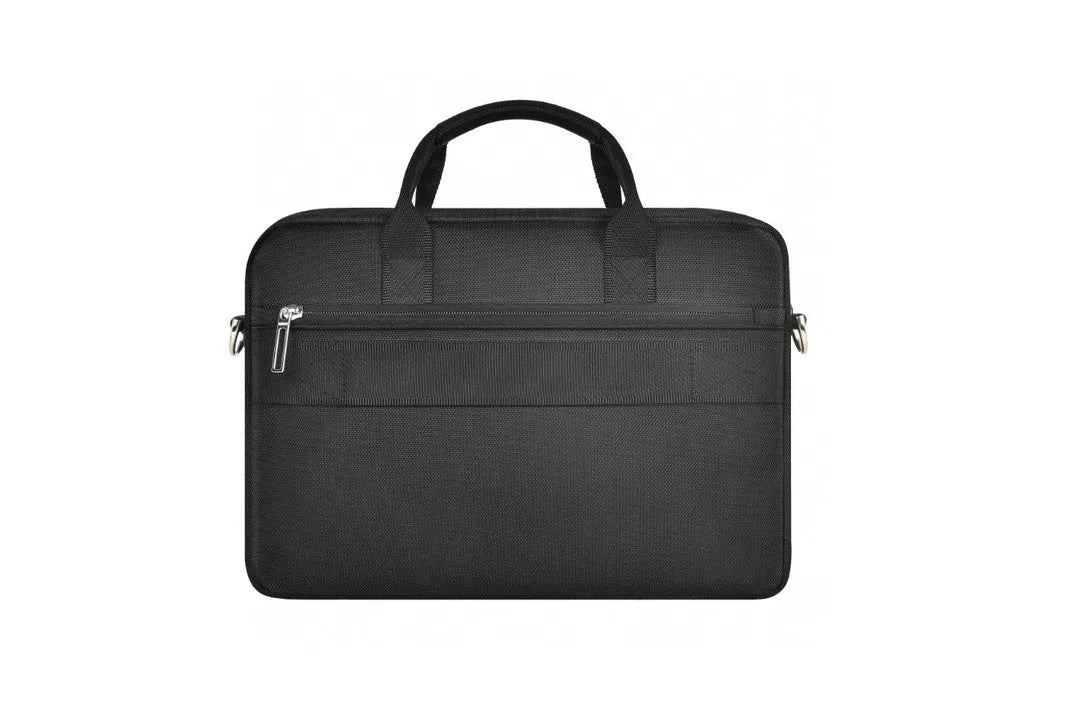 Black Oxford cloth laptop backpack showing multi-pocket design and separate padded computer compartment.