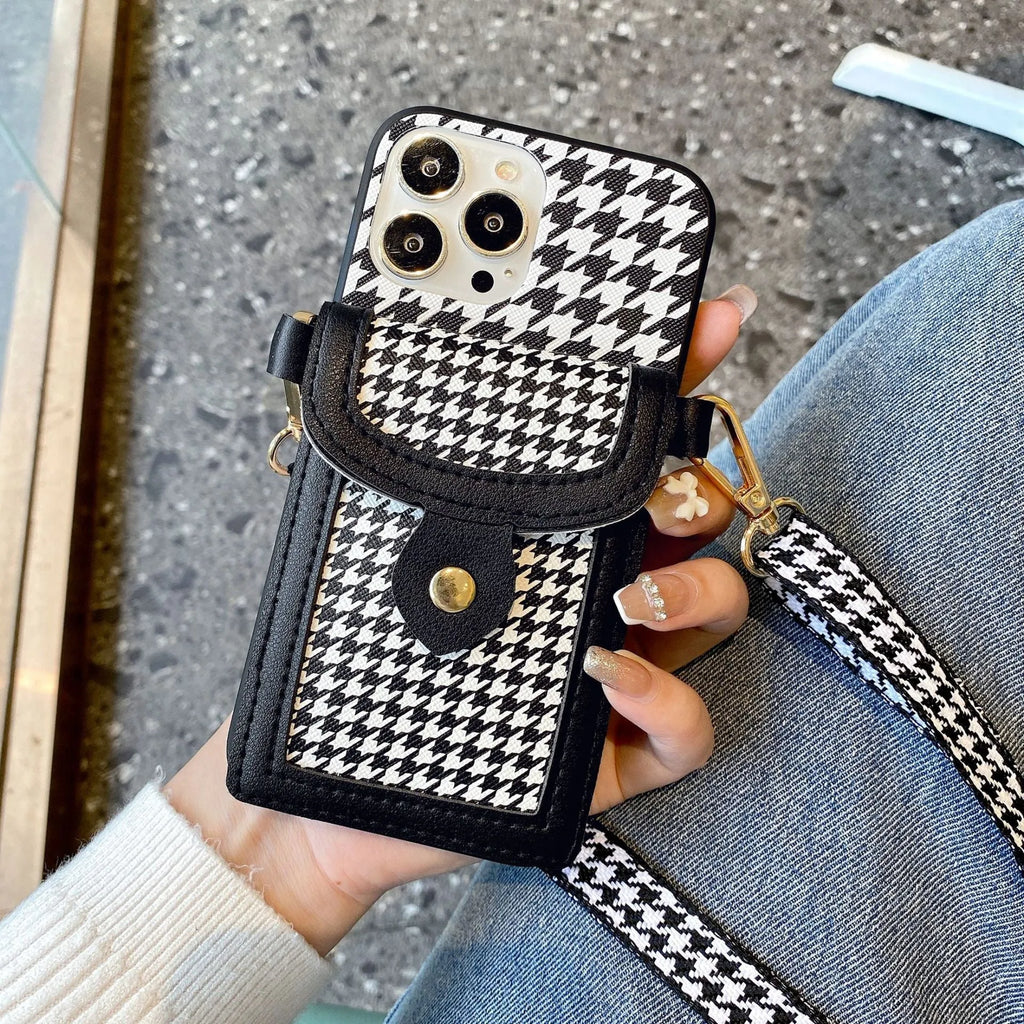 Houndstooth leather-look card case lanyard phone cover for iPhone with TPU+PC back shell