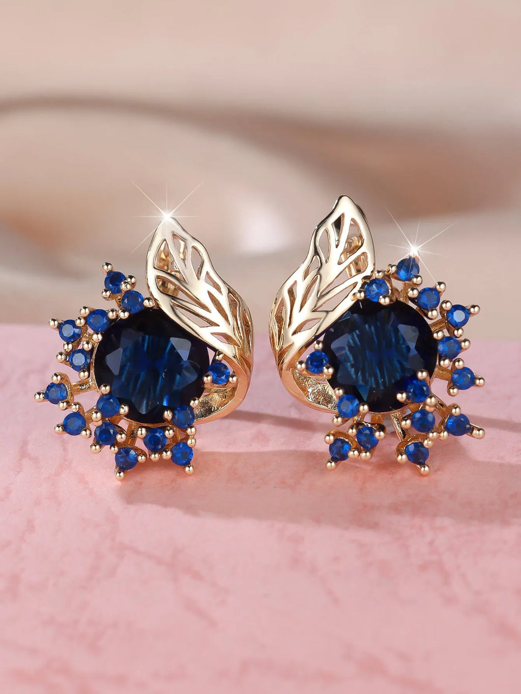 Round flowers feather zircon earrings with electroplated champagne gold finish and colourful diamond accents