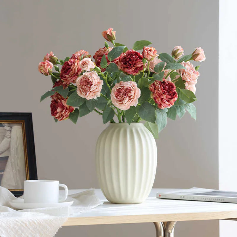 Three-head artificial silk rose with baked edge finish in beige for wedding decor and home decoration
