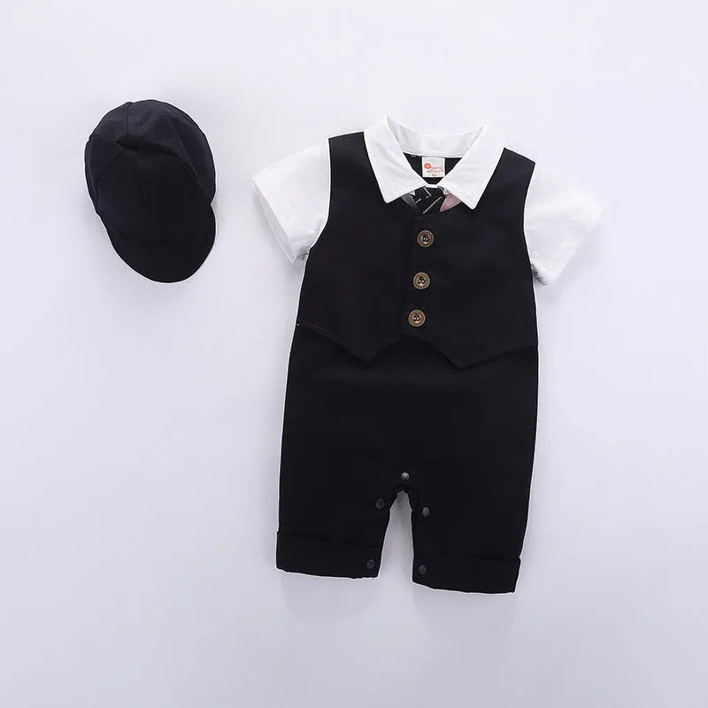 Cotton short sleeve baby romper for boys, black, with removable hood, British gentleman style