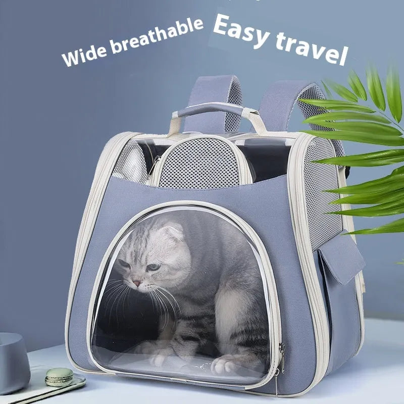 Portable foldable pet bag in blue solid colour, medium capacity, made from PU and PVC materials