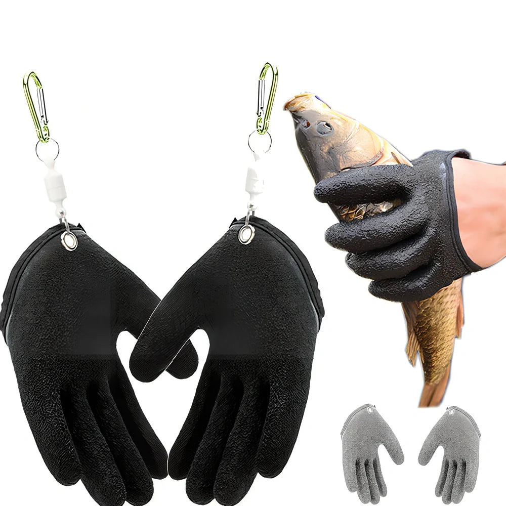 Purple anti-slip fishing gloves with latex coating and magnetic clip for puncture protection in left or right hand, 25cm length