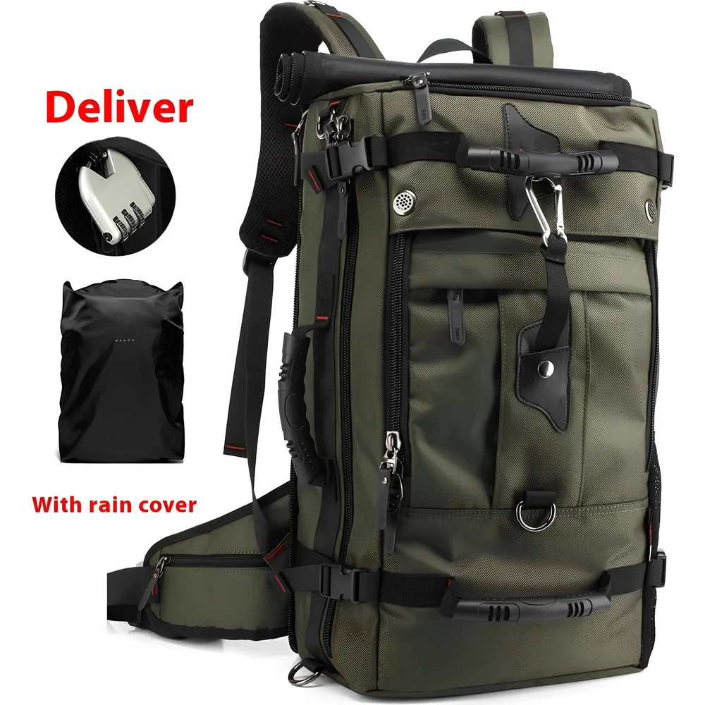 Multifunctional travel bag with multiple compartments in black, green, or blue colours showing 40L and 50L size options