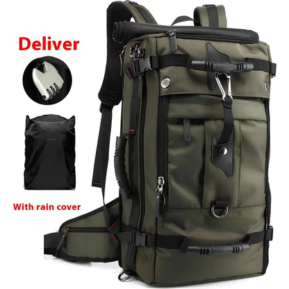 Multifunctional travel bag with multiple compartments in black, green, or blue colours showing 40L and 50L size options