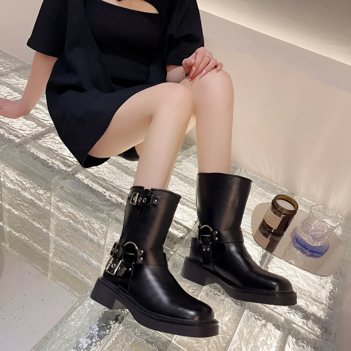 Women's thick-soled Martin boots in black Artificial PU, solid colour, side view