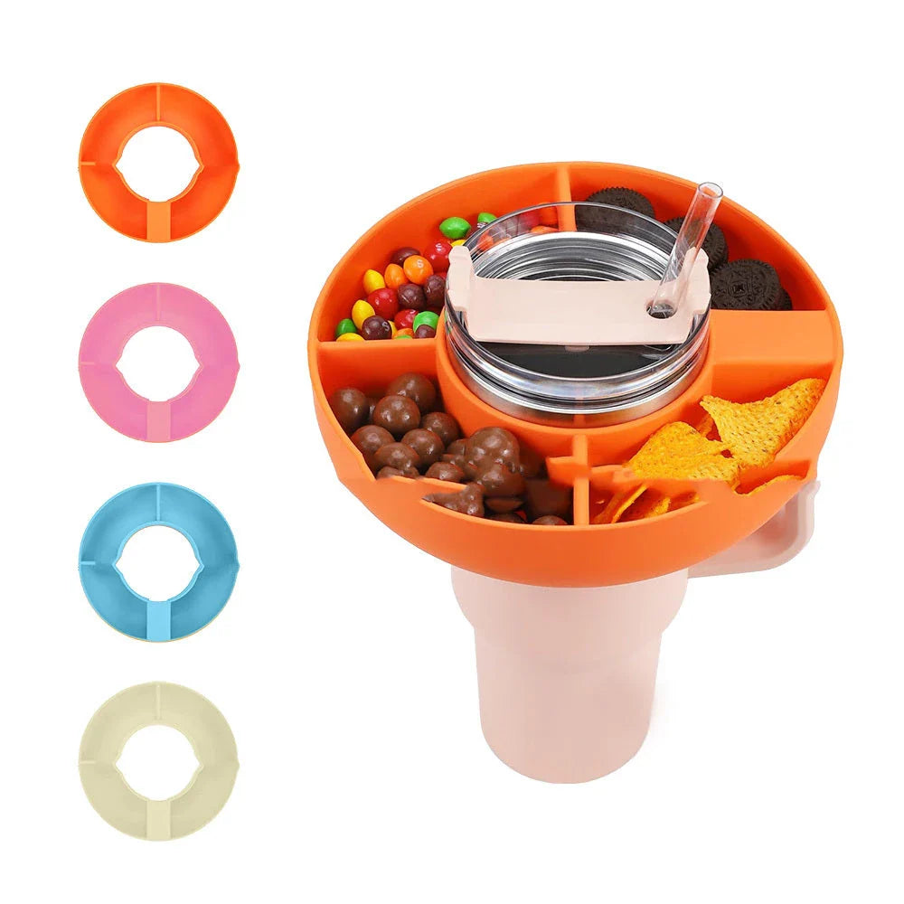 Reusable silicone snack container with four compartments, designed to fit 40oz Stanley tumblers, available in various colors