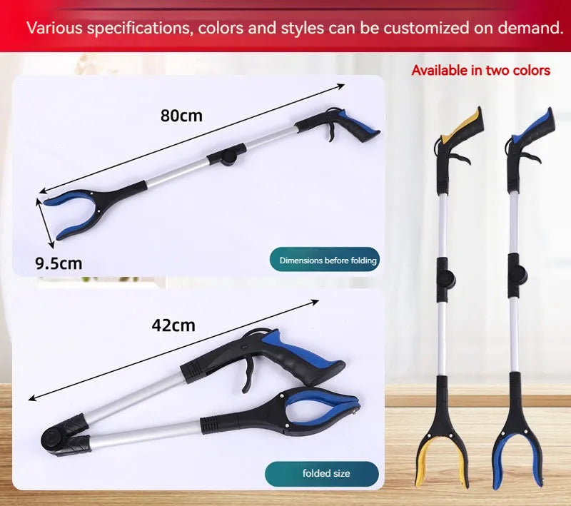 Foldable aluminium rubbish grabber with magnet, shown extended and in blue, orange, and yellow handle colours.