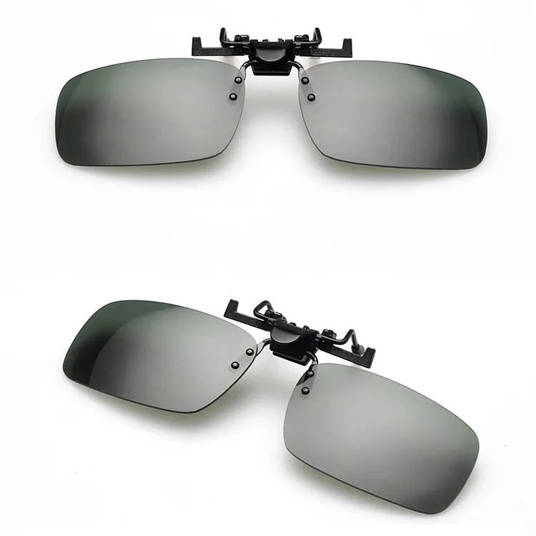 A polycarbonate clip-on sunglasses accessory for prescription glasses, shown in large and small frame sizes with grey, green, and night vision lenses.