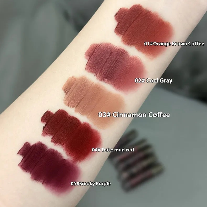 Lava Secret Matte Lip Mud Lipstick in five colour shades showing no-stain matte finish