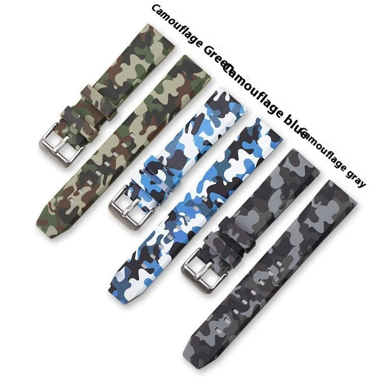 Green camouflage silicone watch strap with flat head universal lugs on a grey background