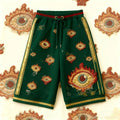 Loose casual lace up printed shorts for women in green and apricot, fifth length straight pants