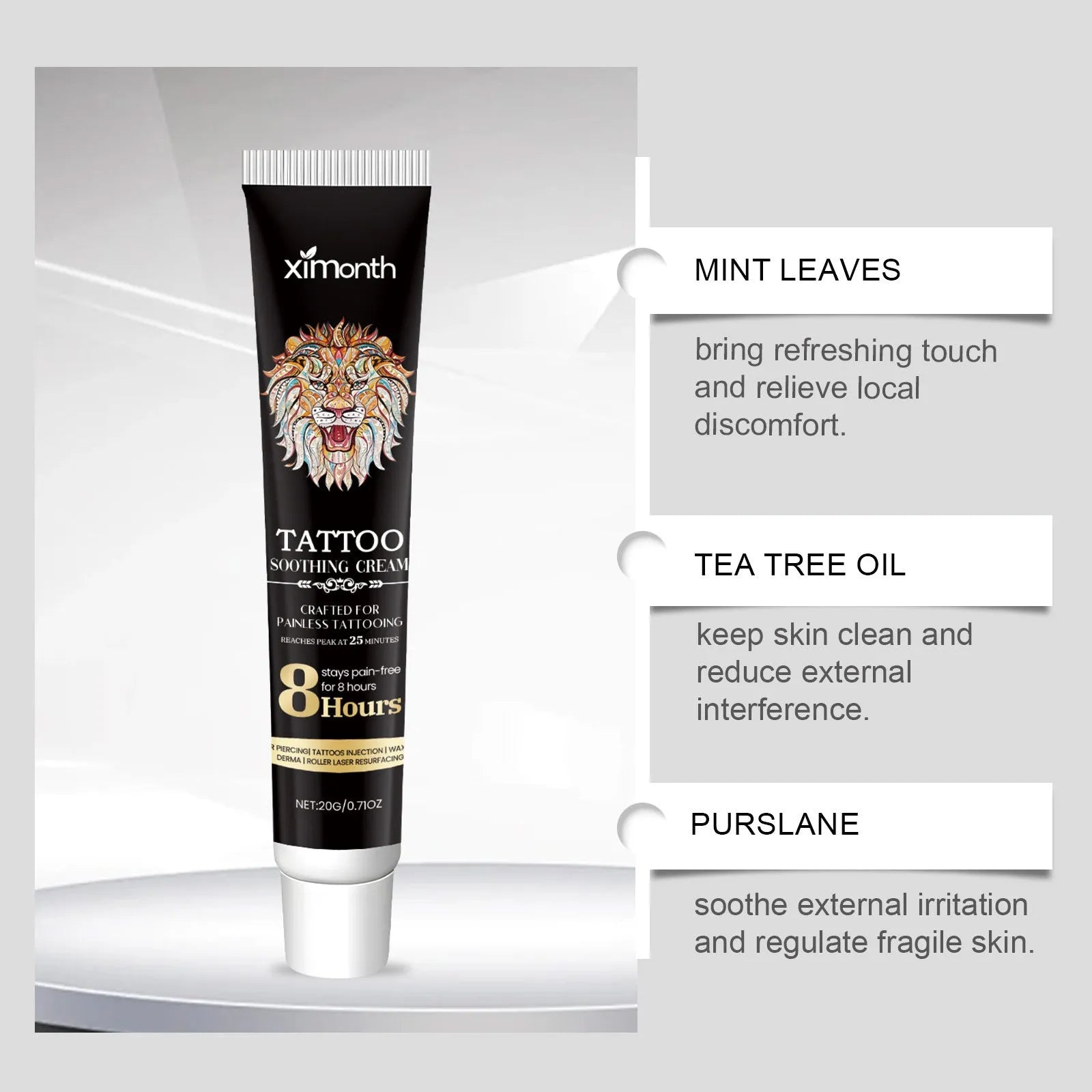 20g tube of tattoo soothing neck cream for aftercare with mint leaf and tea tree oil.