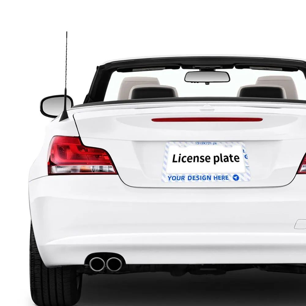 Pair of flat-hole aluminium license plate holders for front and rear car plates, customisable with printed design
