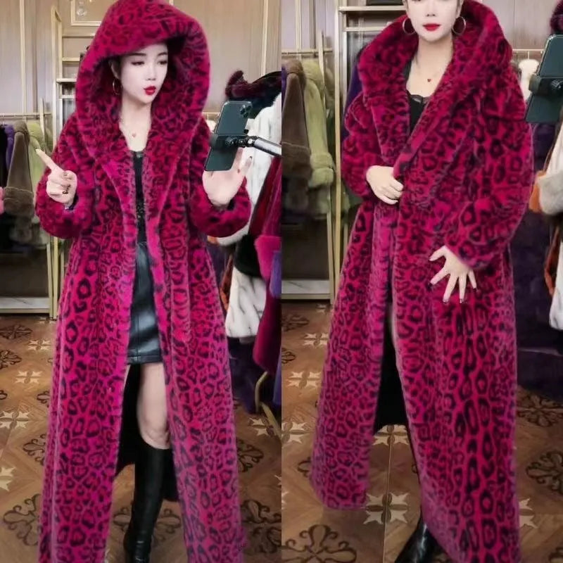 Long brown leopard print faux fur coat on a hanger, showing loose plus-size fit and regular sleeves.