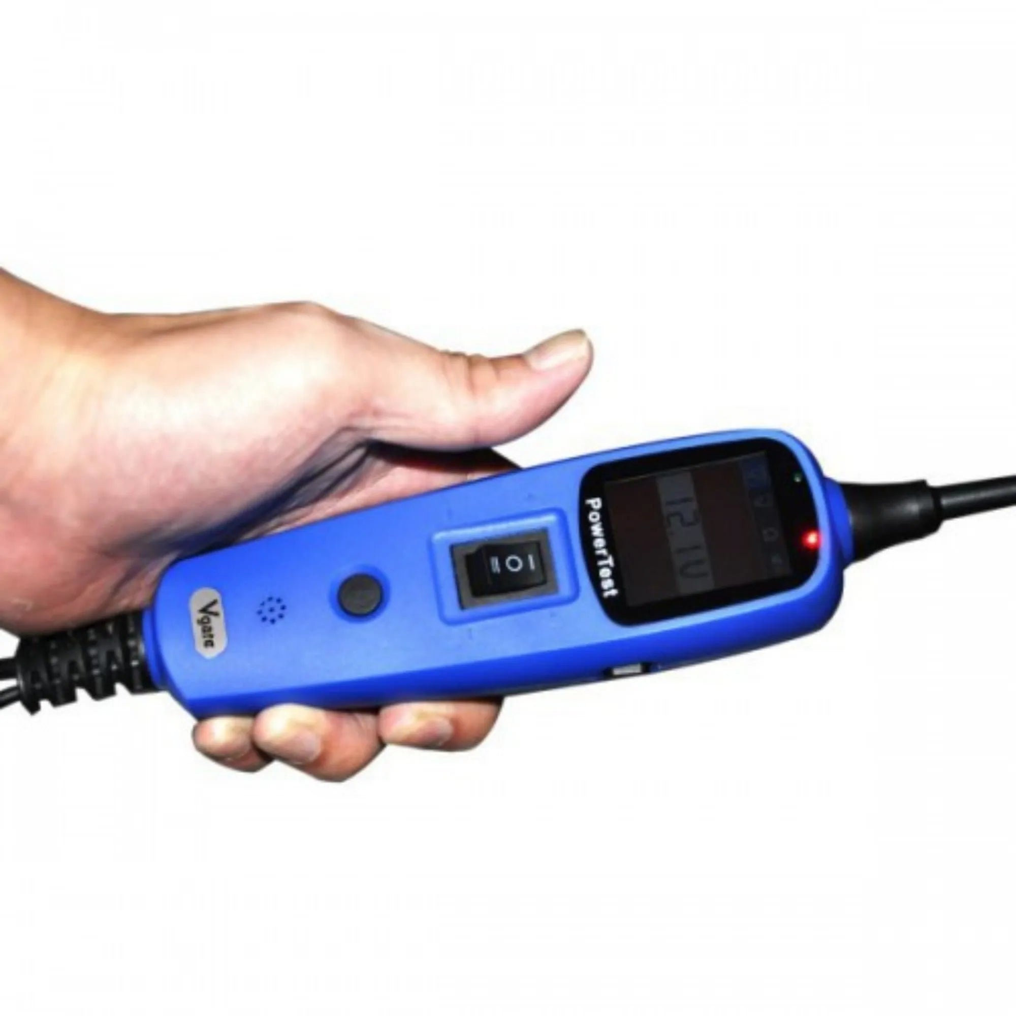 Blue automotive power circuit test pen with TFT display, extension cable, and accessories in protective case