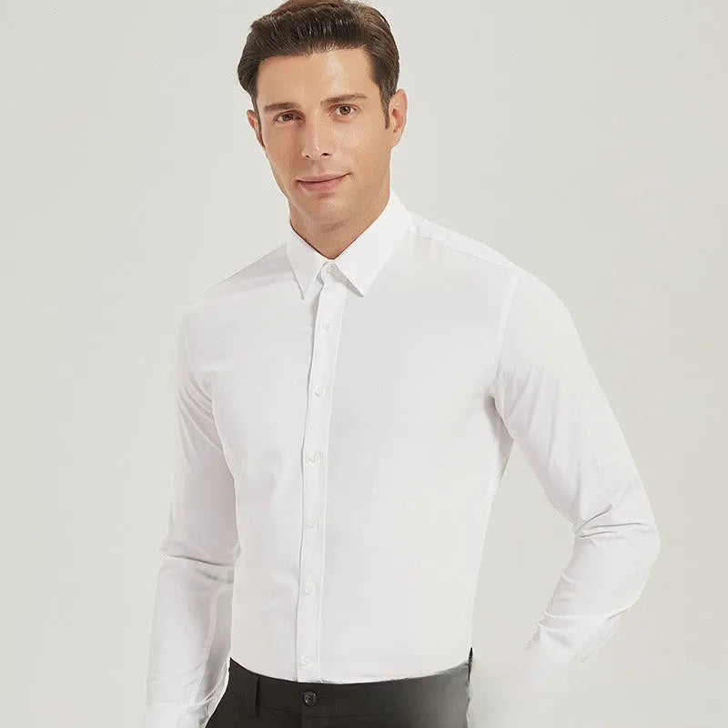 Men's white slim fit business suit cardigan shirt in milky white polyester fabric on model