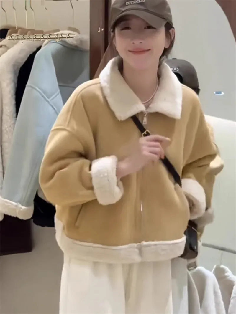 Korean-style loose fit thick chenille coat for women in light blue, distressed detailing, full length front view
