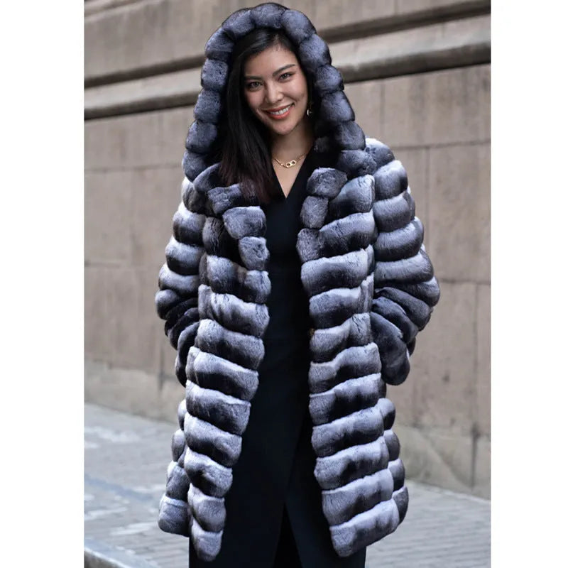 Women's zebra stripe artificial mink fur overcoat, mid-length design with regular sleeves