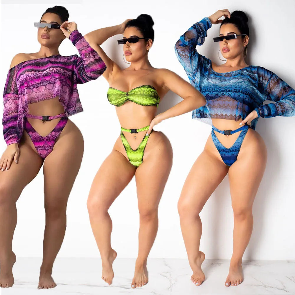 Women's snakeskin print three-piece bikini set with long sleeve top and short pants