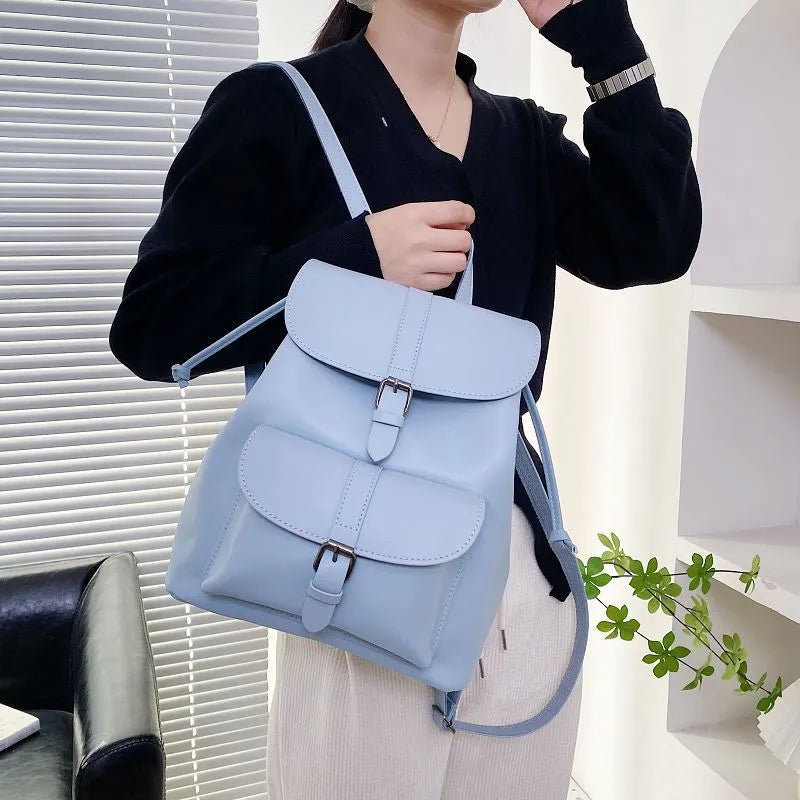 Retro college style female small bag in khaki, PU material, bucket clamshell shape with multiple internal pockets