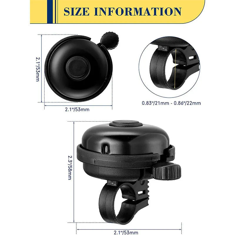 Black ABS plastic bicycle bell with external mounting bracket for 22mm handlebars