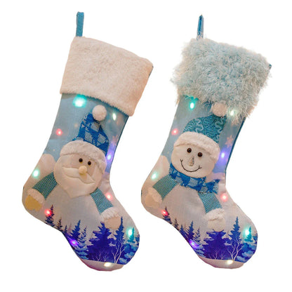 Magical luminous Christmas socks with Santa Claus and Snowman designs, featuring warm, glowing lights for festive holiday home decor