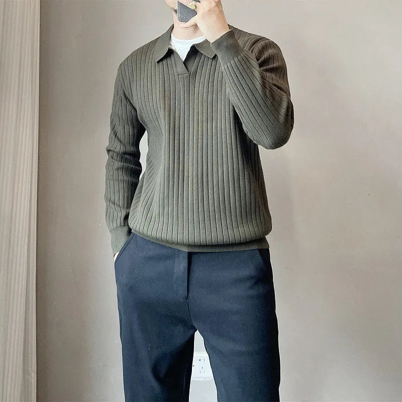 Boys loose elastic knitted sweater with lapel collar and striped texture in modal rabbit fur blend