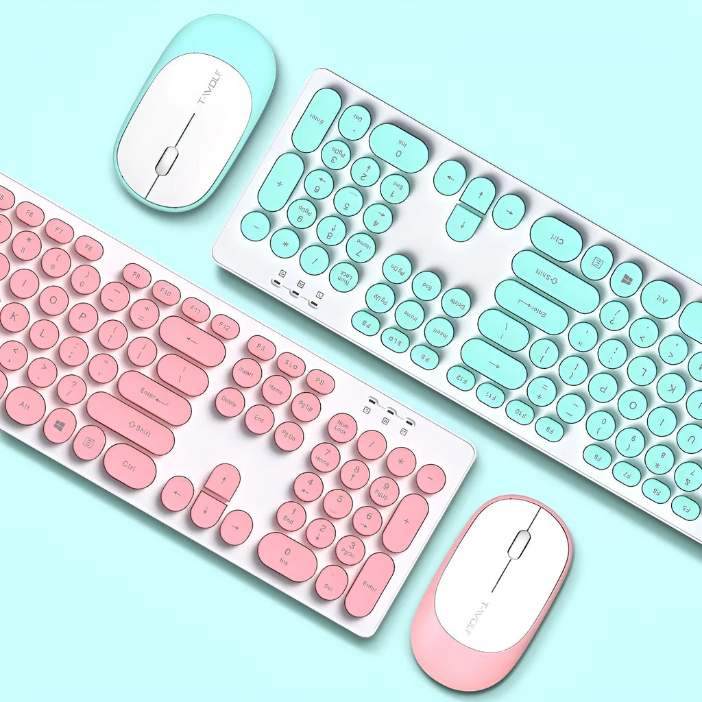 TF770 wireless keyboard and mouse set in light green with slim keyboard and compact mouse on a desk