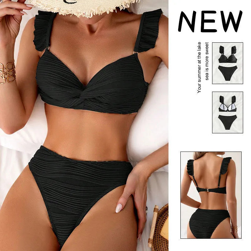 Women's solid colour bikini swimsuit set in black or khaki with two-piece design